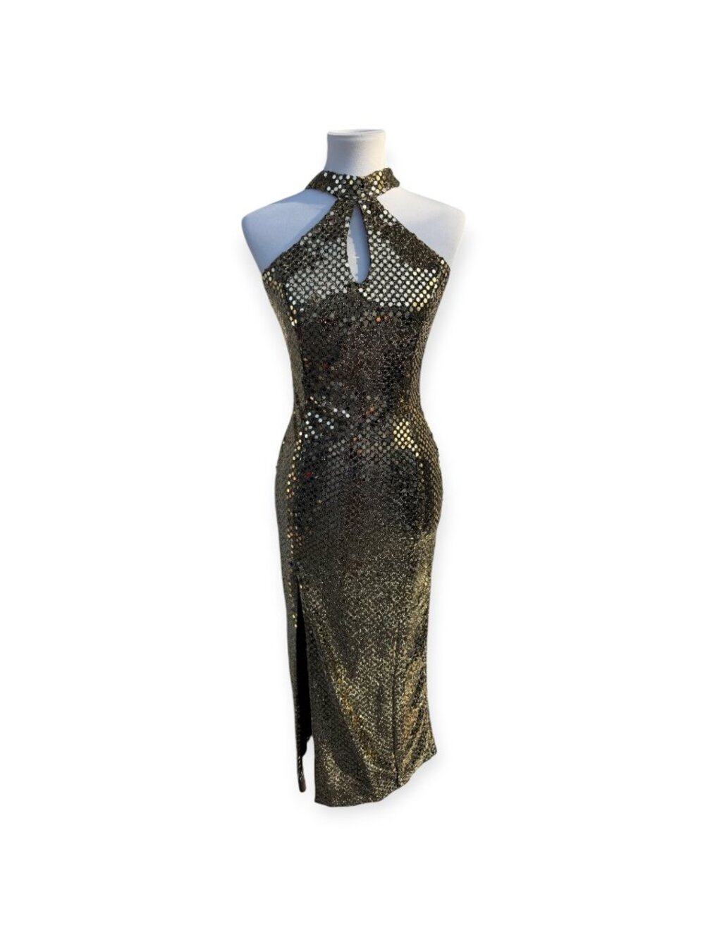 Fashion 1001 Nights Dress Size 7 Black Gold Sequin Halter Keyhole Slit USA